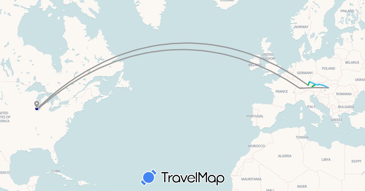 TravelMap itinerary: driving, bus, plane, boat in Austria, Switzerland, Germany, Hungary, Slovakia, United States (Europe, North America)